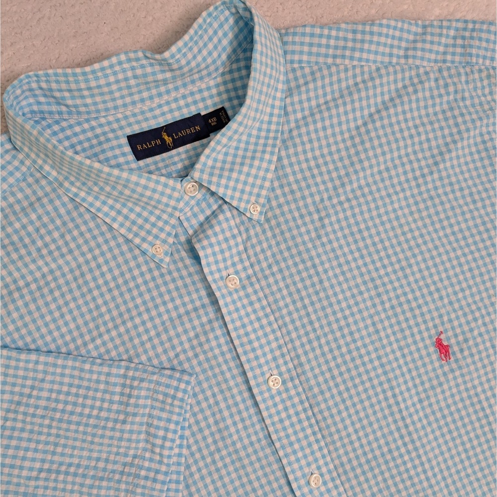 Ralph Lauren Men's 4Xb Big Blue White Gingham Check Seersucker Lightweight